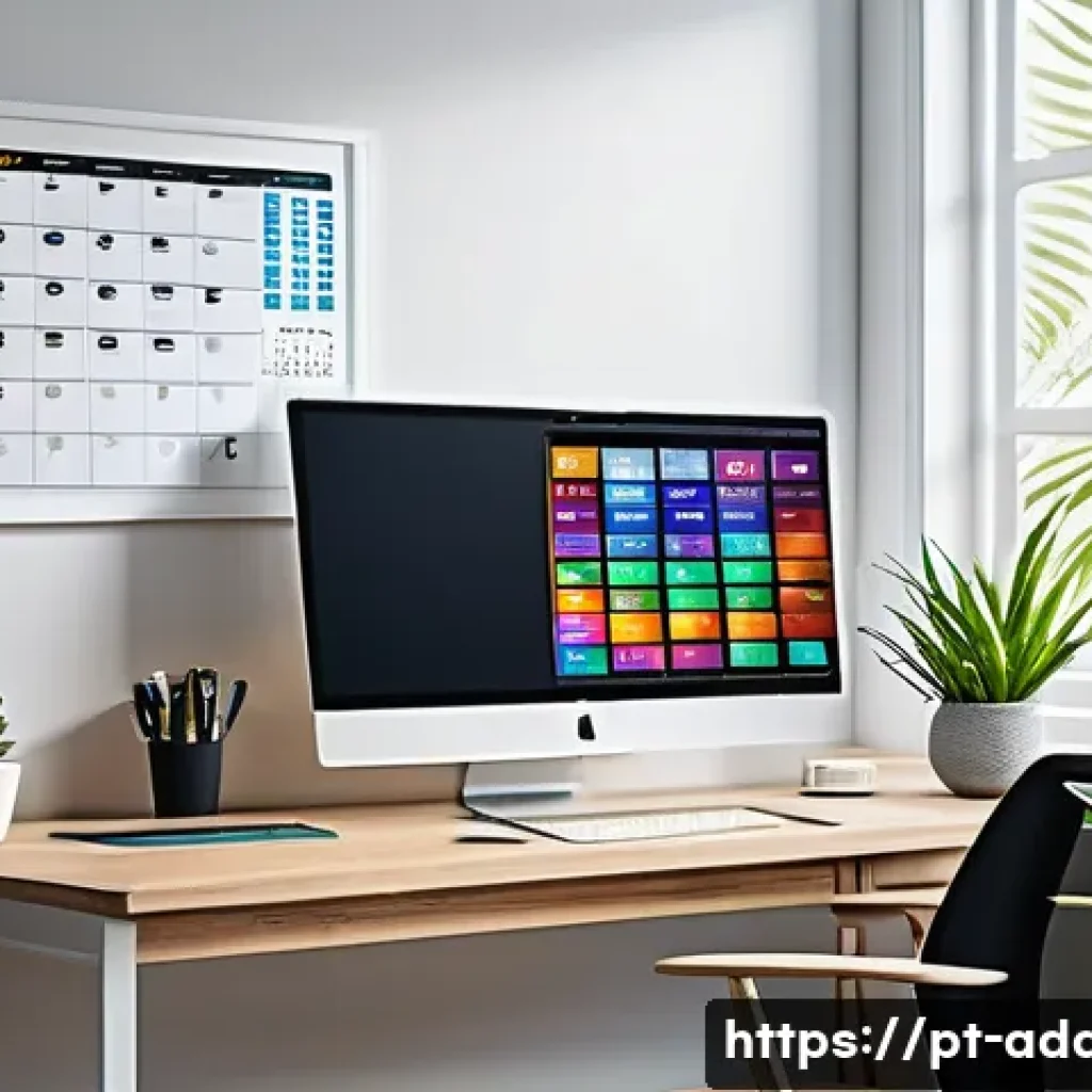 광고디자인 직무 스트레스 관리 방법 - A modern creative workspace featuring a focused Brazilian graphic designer working at a sleek desk w...