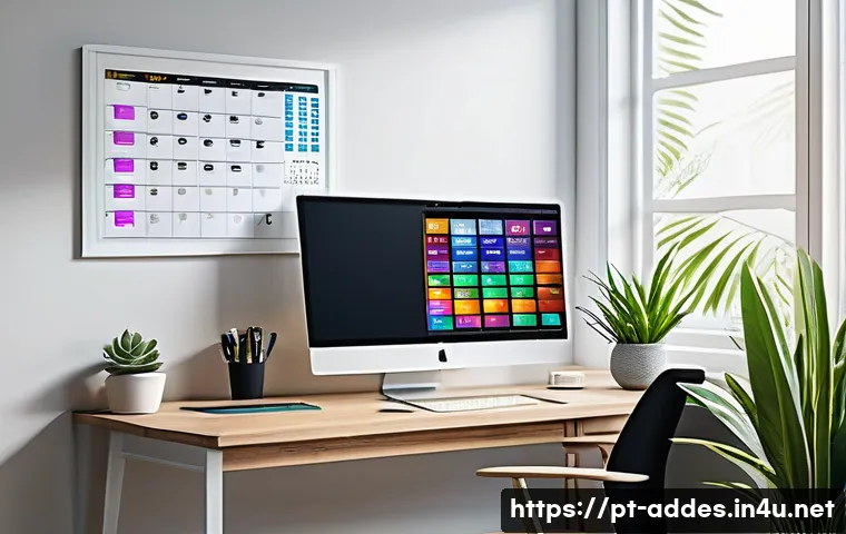 광고디자인 직무 스트레스 관리 방법 - A modern creative workspace featuring a focused Brazilian graphic designer working at a sleek desk w...
