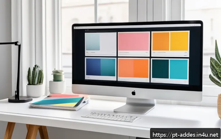 광고디자인 포트폴리오 제작 가이드 - A professional digital designer workspace featuring a modern computer screen displaying a sleek, wel...