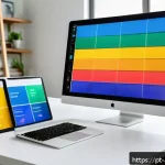 Home 23 광고디자인과 색채학의 관계 - A vibrant digital marketing workspace featuring a Brazilian creative professional analyzing colorful...