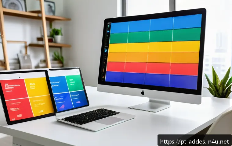 광고디자인과 색채학의 관계 - A vibrant digital marketing workspace featuring a Brazilian creative professional analyzing colorful...